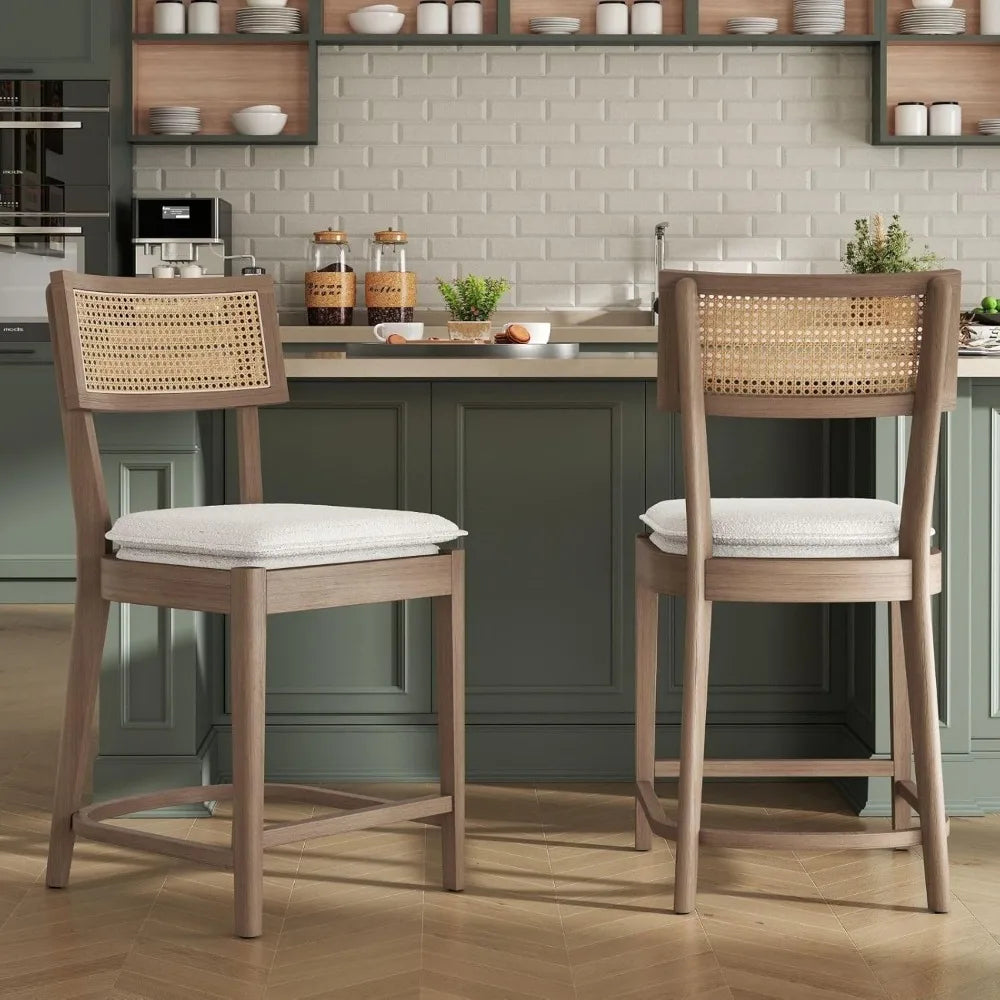 Set of 2 French Wooden Counter Height Bar Stools, 26" Rattan Barstools with Cane Back,Mid Century Modern Wicker Breakfast Chairs