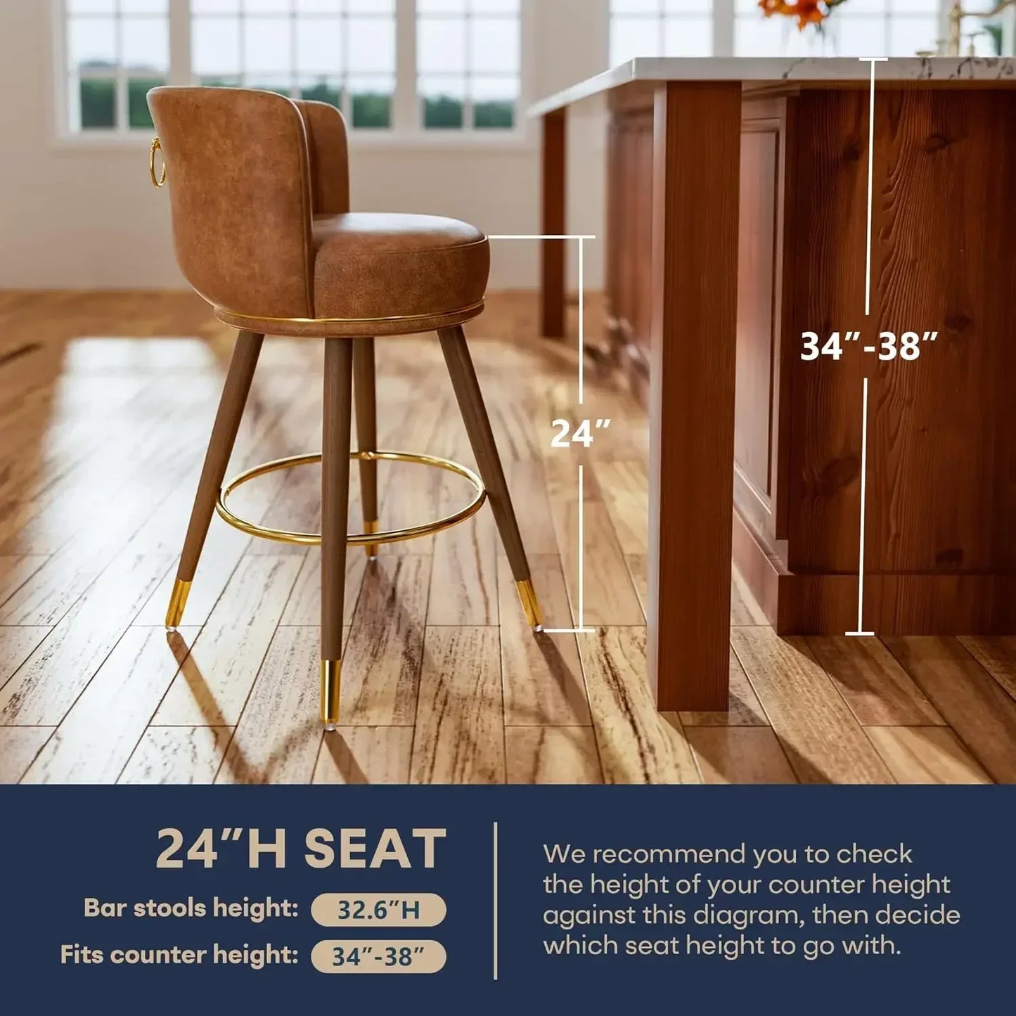 XMSJ.Counter Height Bar Stools Set of 4, Swivel Bar Stools with Back, 24" H Seat Height Upholstered Counter Stools with Wood Leg