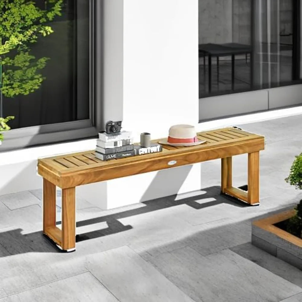 52” Outdoor Acacia Wood Garden Bench, Patio Wood Dining Bench with Slatted Seat, Wooden Backless Bench for Outdoors & I