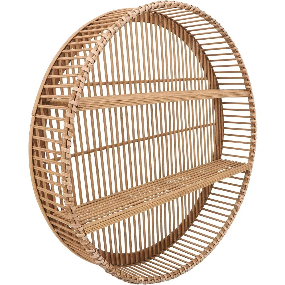 Bamboo Wall Shelf - Boho Decorative Round Floating Shelves - Rustic Hanging Storage Organizer for Home, Office, Bedroom, Living