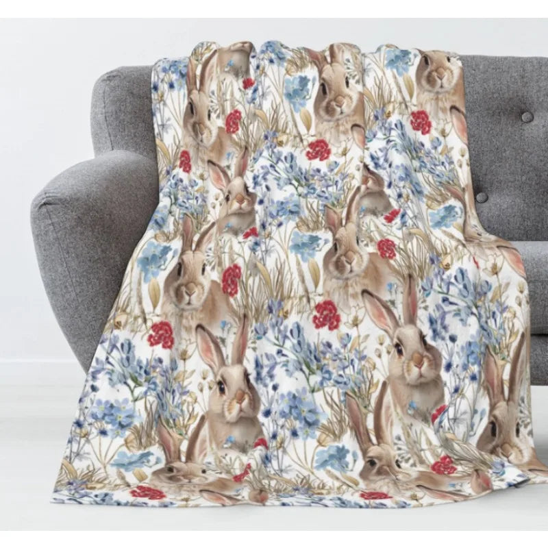 Easter bunny blue flower blanket, soft,comfortable,warm and lightweight blanket, suitable for all seasons spring home decoration
