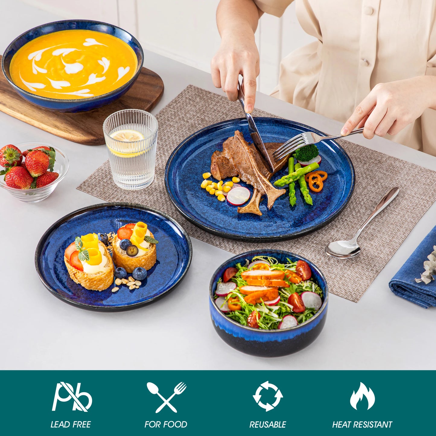 vancasso 24 Piece Blue Klin Change Glaze Stoneware Set Dinnerware Set with 6pcs Dinner Plate/Dessert Plate/Soup Plate/Bowl