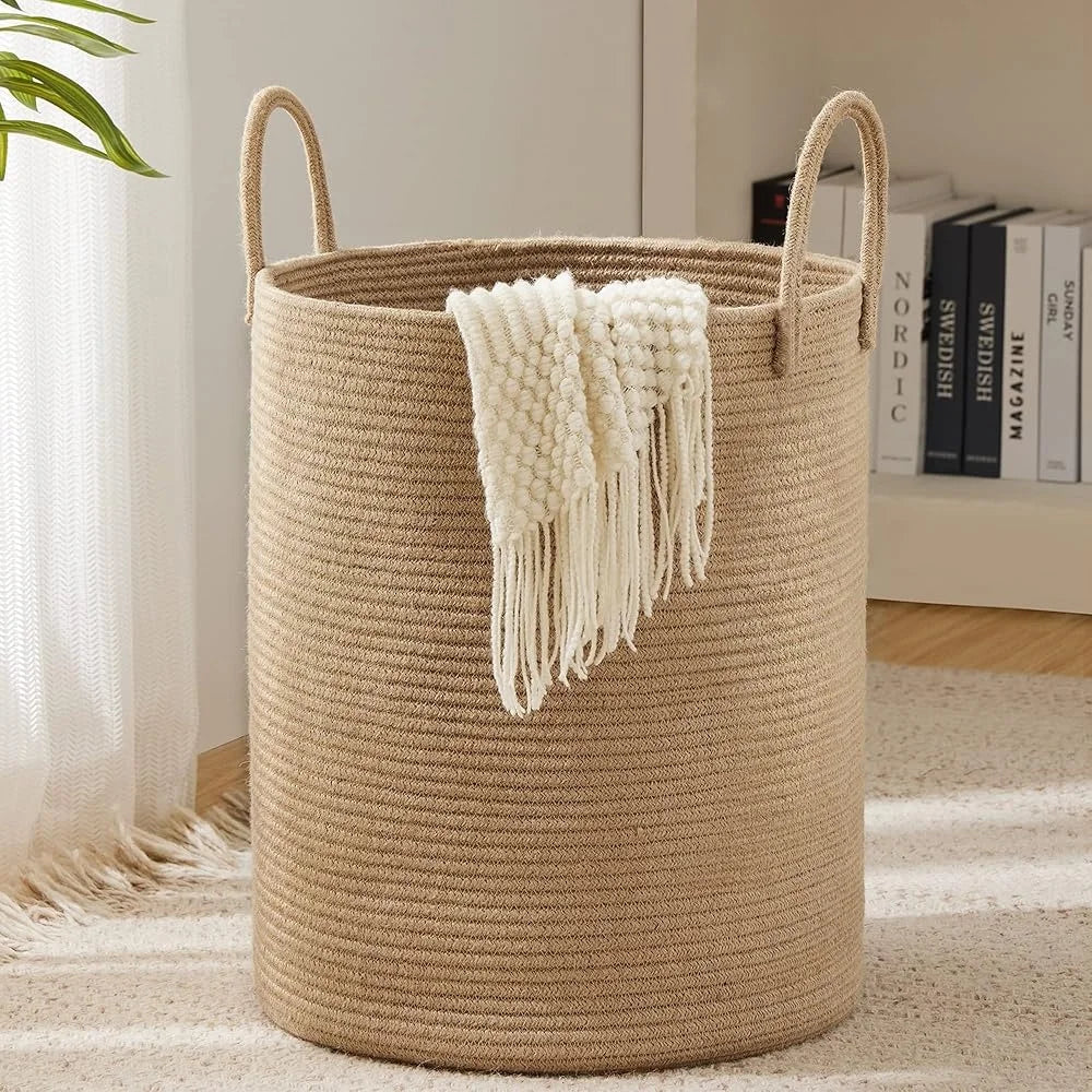 Jute Rope Laundry Hamper Basket Large Storage Clothes Blankets Toys Foldable Round Basket Tall Design with Sturdy Handles