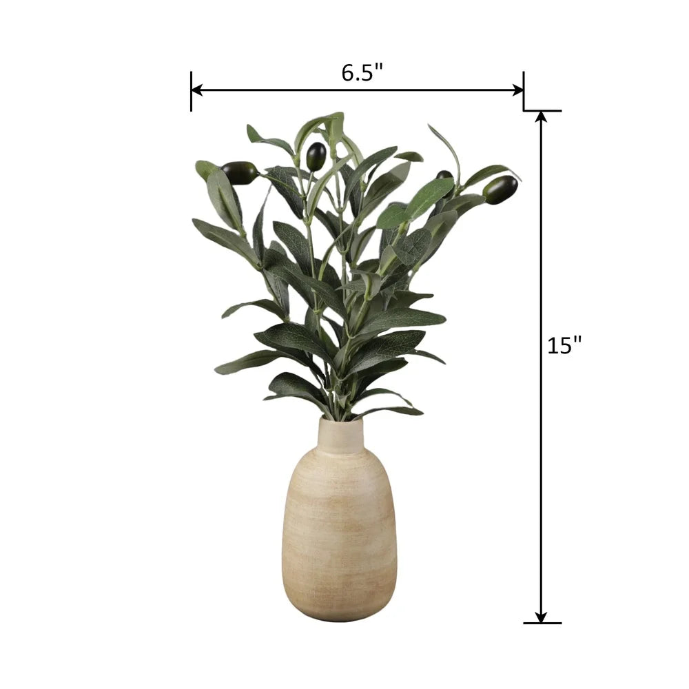 15 Inch Lifelike Olive Plant in Wood Finish Ceramic Vase Perfect Tabletop Decor Elegant Accent Piece Home Decoration