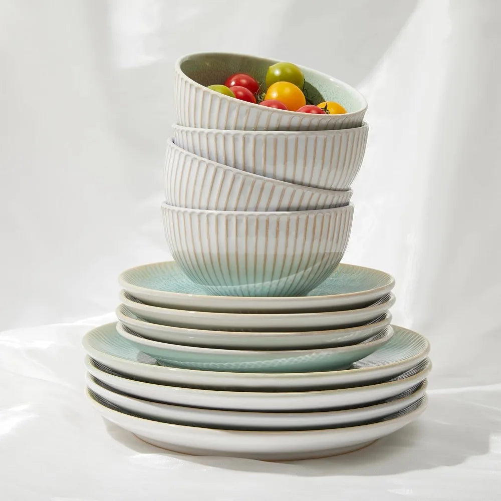 Stoneware Dinnerware Sets, Round Reactive Glaze Ceramic Plates and Bowls Set, Dishwasher & Microwave Safe Dishes Set, Distinctiv