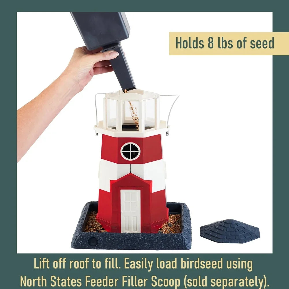 Hopper Bird Feeder Nautical Lighthouse Design Squirrel Proof Removable Tray Easy Clean Hanging or Pole Mounted 8 lb Capacity