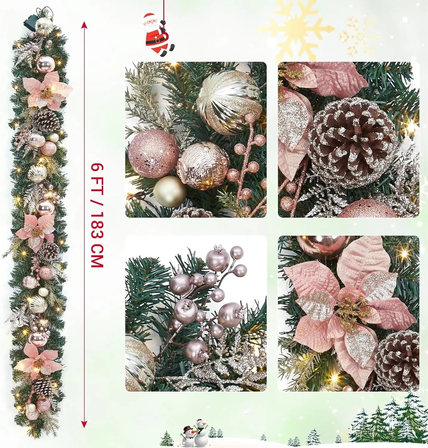 Christmas Garland with Lights, 6ft Pre Lit Outdoor Xmas Garland with Timer 20 LED Lights Pinecones Rose Gold Ball Ornaments