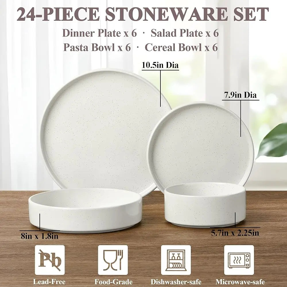 24 Piece Dinnerware Sets With Pasta Bowls For 6, Dinner Salad Plates And Cereal Serving Bowls, Stoneware Dishes Dinner Ware For