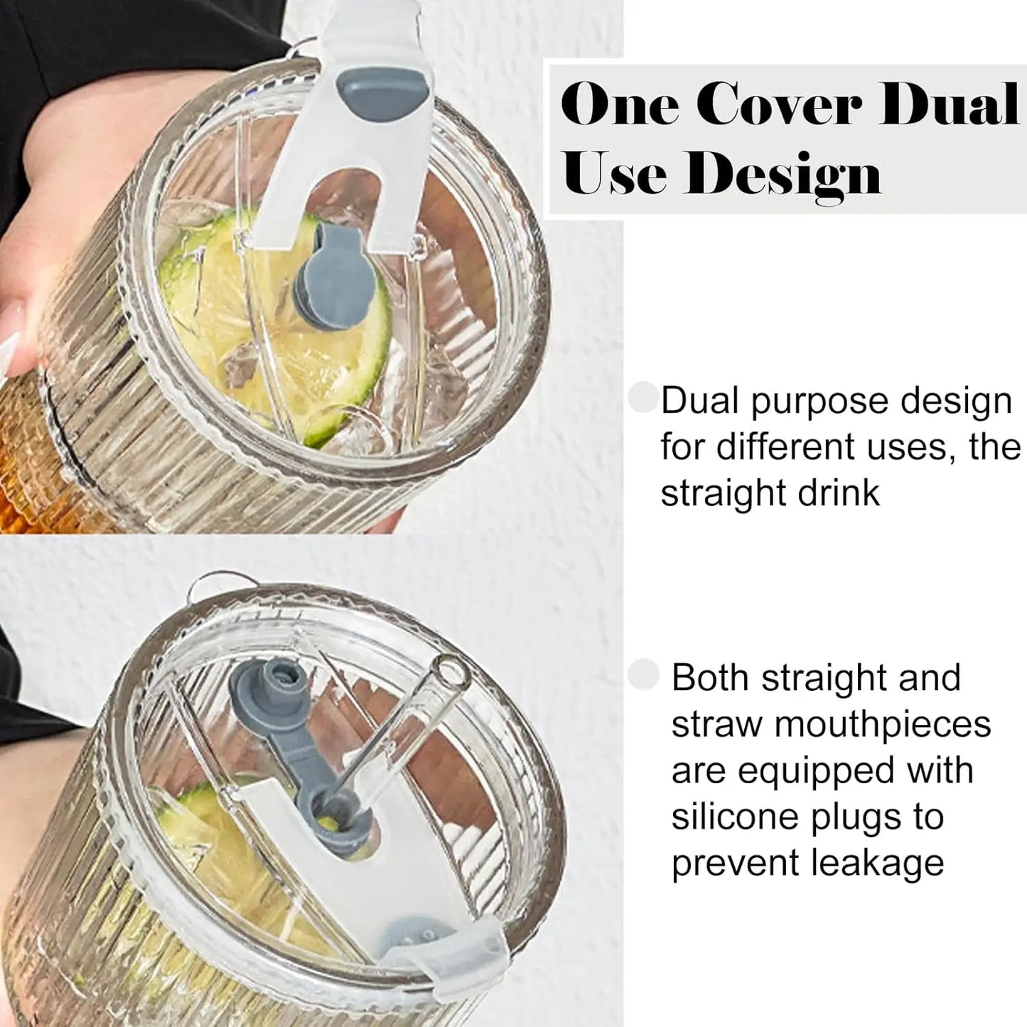 20oz Iced Coffee Cup with Lids, 2 Pack Clear Glass Tumbler with Straw & Lid, Ribbed Glassware Cups, Dishwasher Safe Drinking Gla