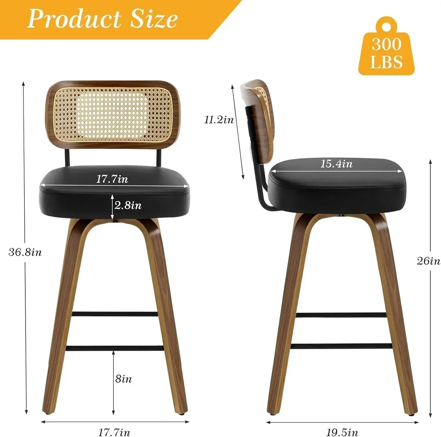 Swivel Counter Height Bar Stools Set of 3,Rattan Back, 26" Seat Chairs for Kitchen Island, Bentwood Wood Frame, Black