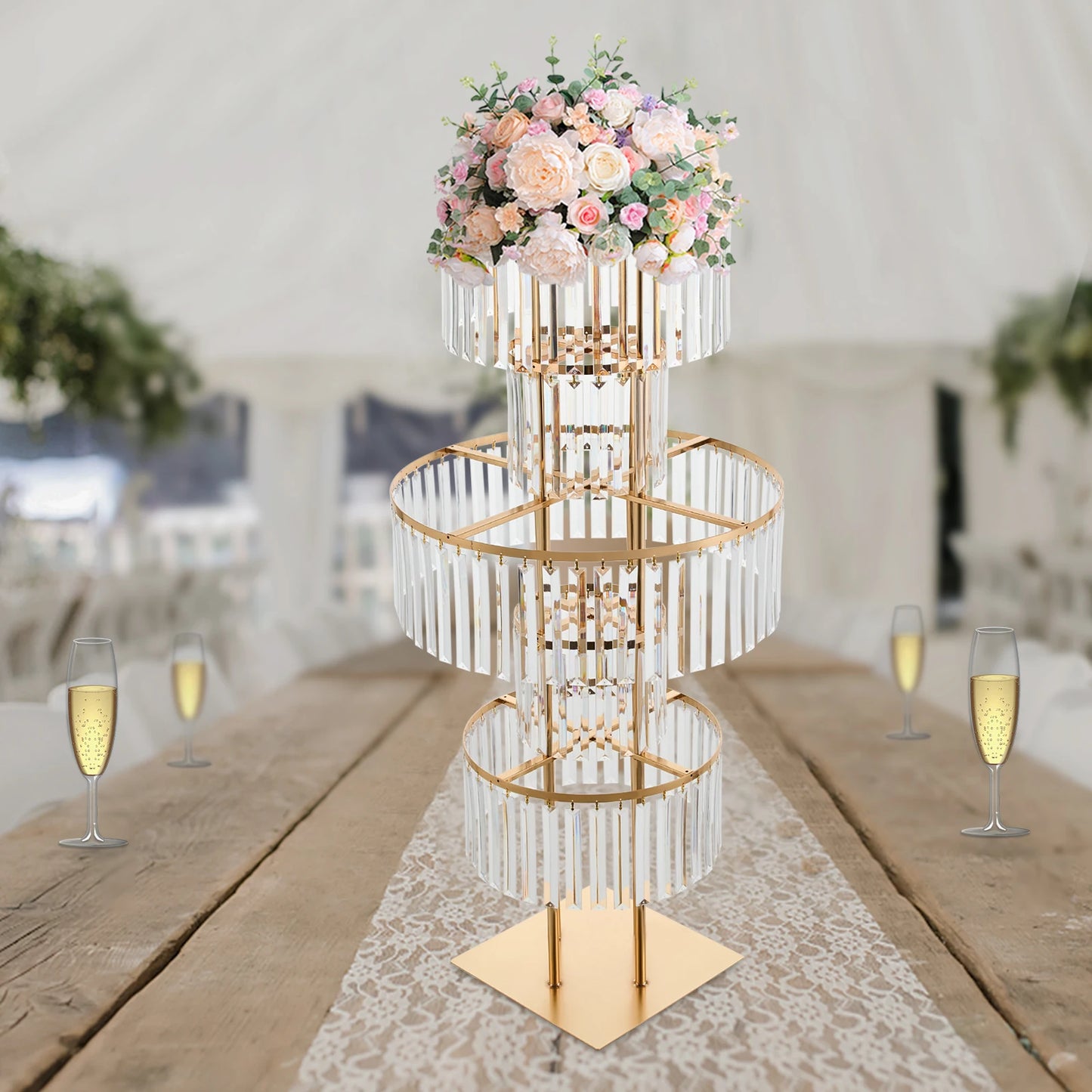 5 Tiers Gold Wedding Centerpieces Flower Stand Vase Centerpiece Acrylic Flower Stand with Hanging Acrylic