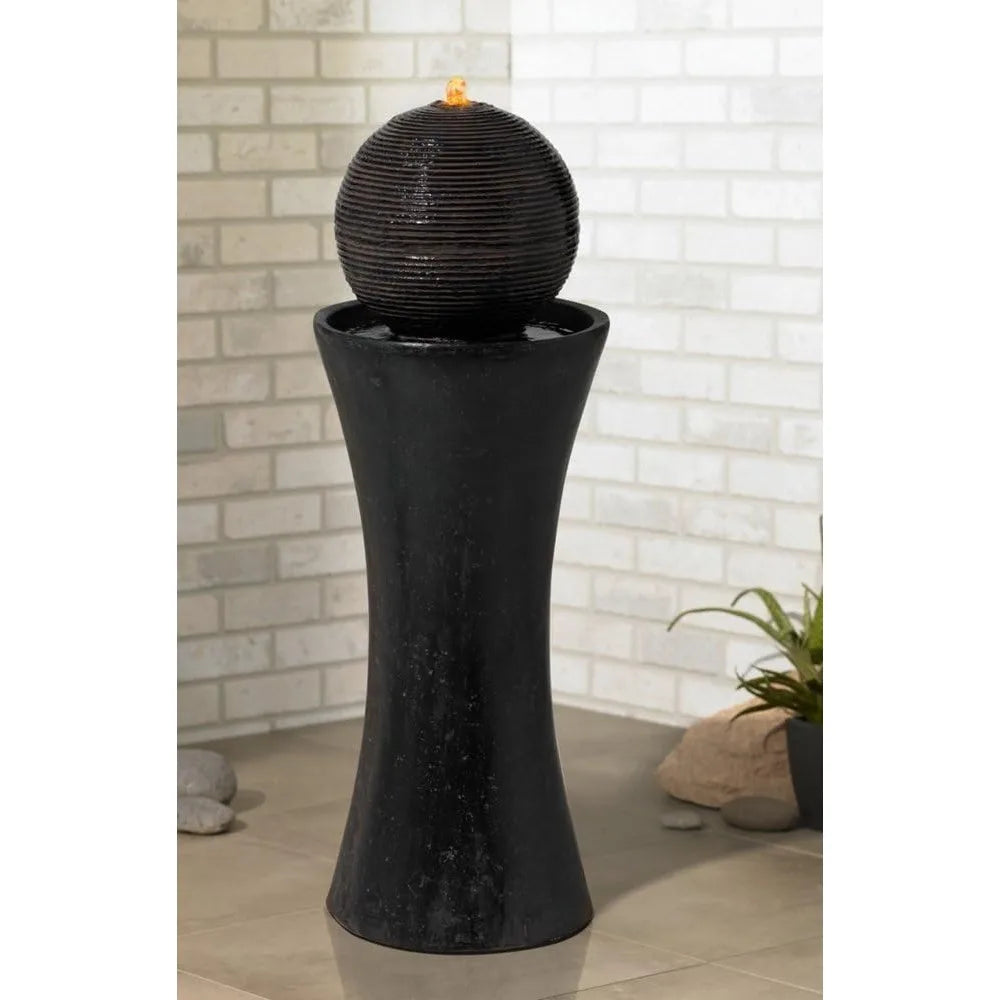 Dark Sphere Modern Zen Outdoor Floor Water Fountain 30" High with LED Light Bubbler Pillar for Garden Patio Backyard Deck Home L