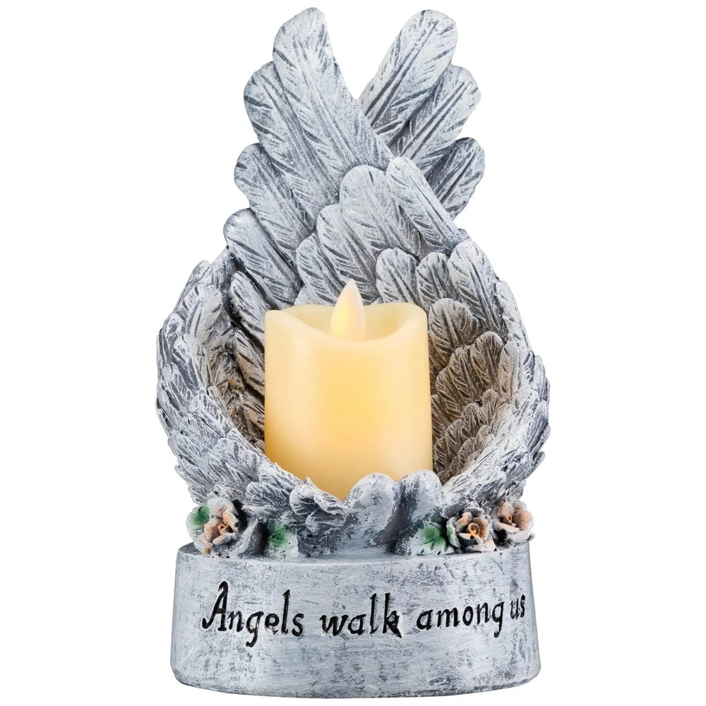Flameless Candle Holder with Angel Wings and LED Votive Battery Operated Memorial Decor Indoor Floral Accent