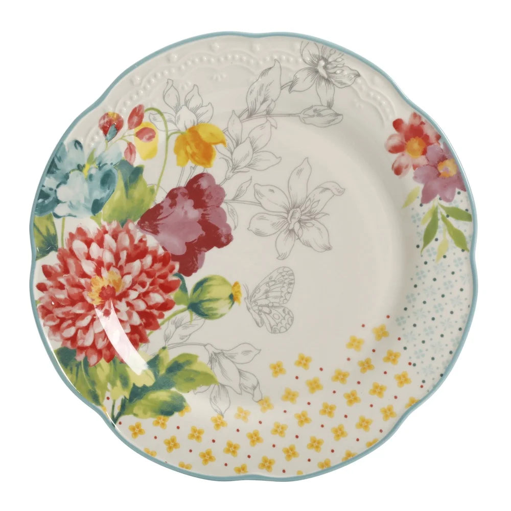Blooming Bouquet 12-Piece Dinnerware Set Stoneware Dishwasher Safe Dinner Plates Salad Bowls Colorful Floral Patterns Elegant
