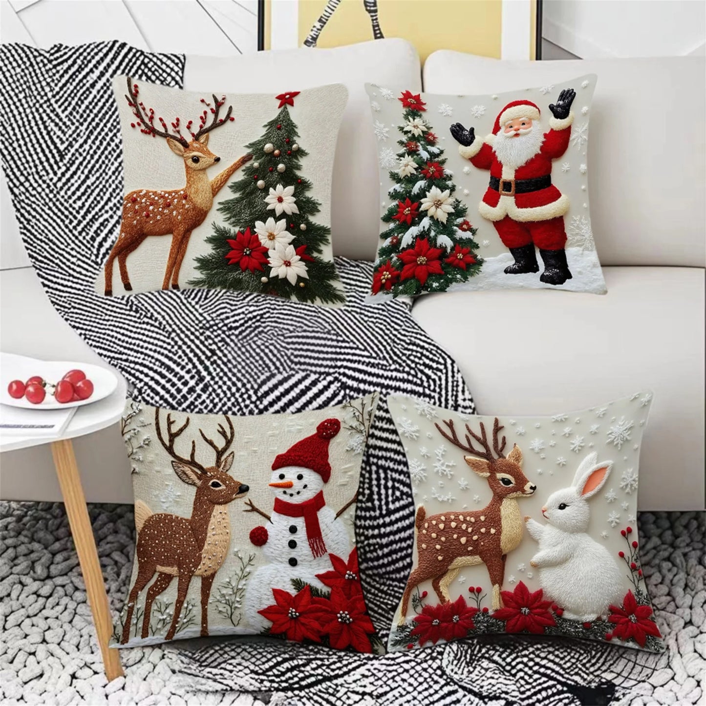 Set of 4 Christmas Pillow Covers featuring Santa Claus Reindeer and Christmas Tree Designs - Festive Holiday Pillow Cases