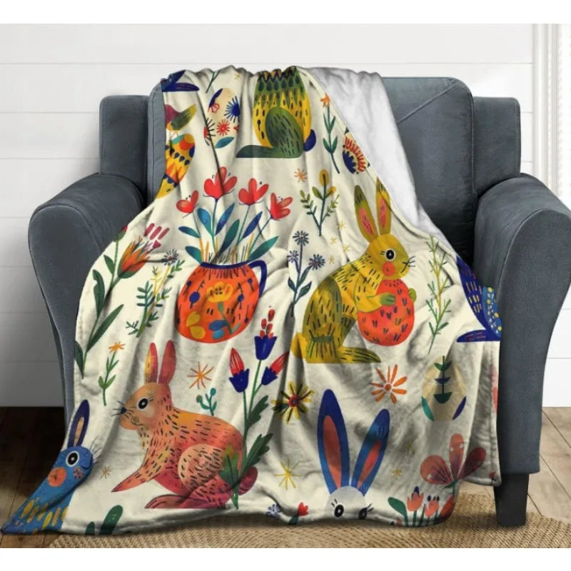 Bunny Easter Egg Wildflower Flannel Blanket, Colorful Floral Soft Warm Flannel Blanket for Sofa Bed