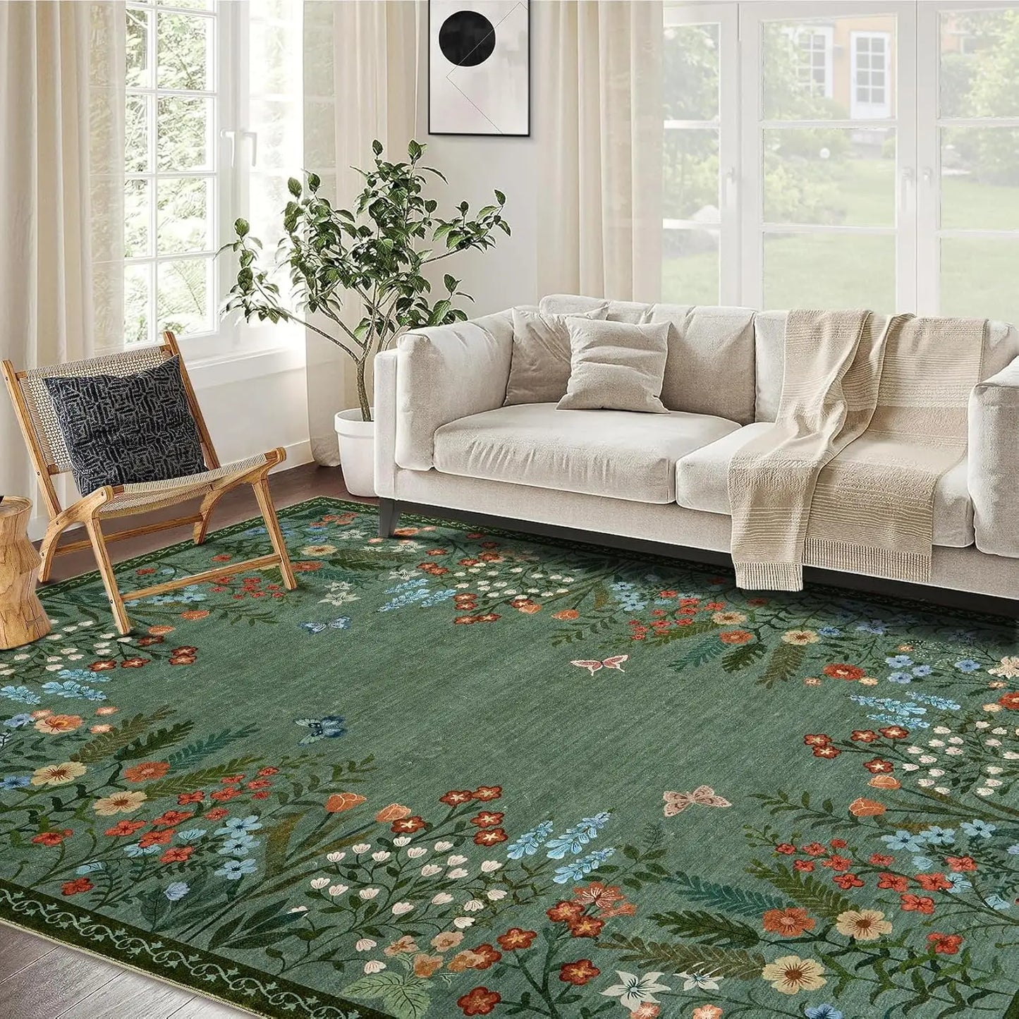 Boho Washable Rugs for Entryway Floral Area Rug for Bedroom, Non Slip ,Soft Indoor Carpet forLiving Room Kitchen Laundry Foyer