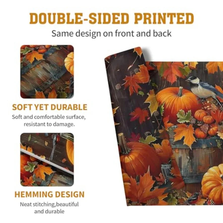 Pumpkin Maple Leaf Bird Fall Placemats Set of 4 Autumn Thanksgiving Seasol Holiday Harvest Linen Table Mats Orange Brown Washab