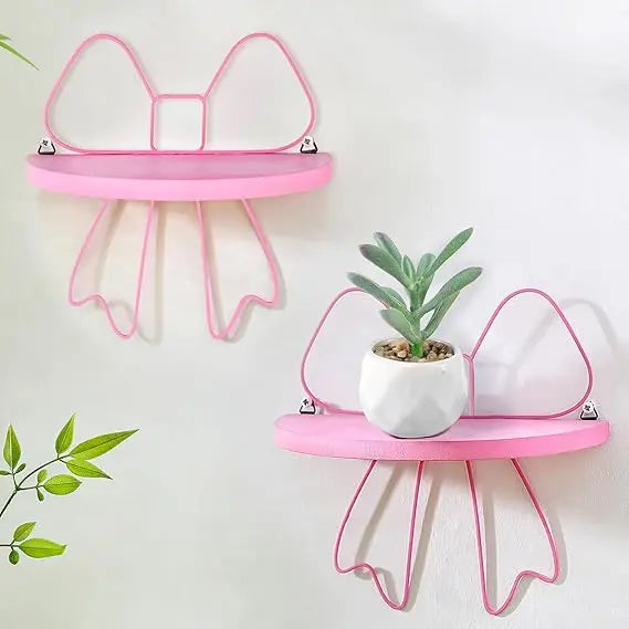 2 Pcs Kawaii Floating Shelf Pink Coquette Bow Wall Decoration Butterfly Semicircle Hanging Shelves Pink Bow Princess Wall Decor