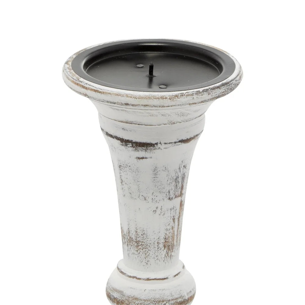 Set of 3 White Wood Candle Holders Tapered Design Rustic Decor Centerpiece Indoor Use Home Accents Solid Mango Wood
