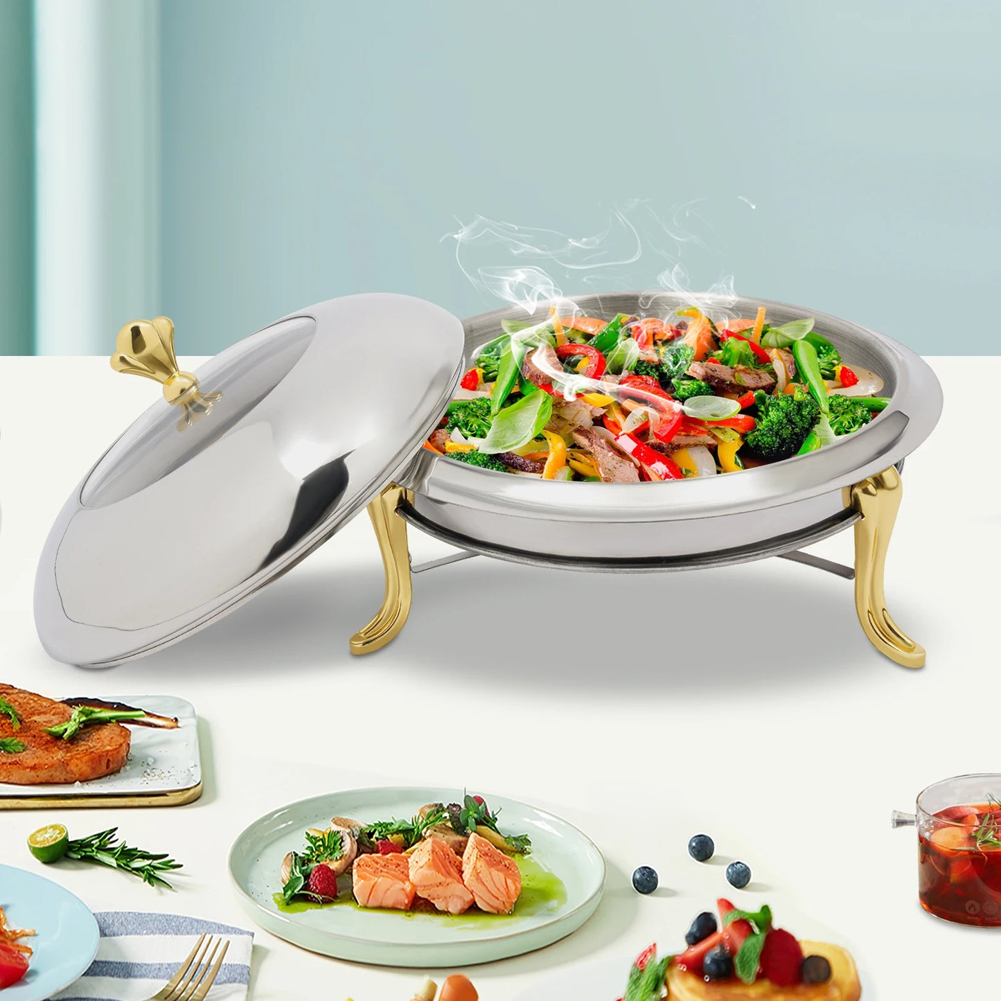 Stainless Steel Hot Pot Buffet Stove Round Without Ear, Dry Warmer Chafing Dish Kitchen Set with Glass Viewing Lid (Golden 24cm)