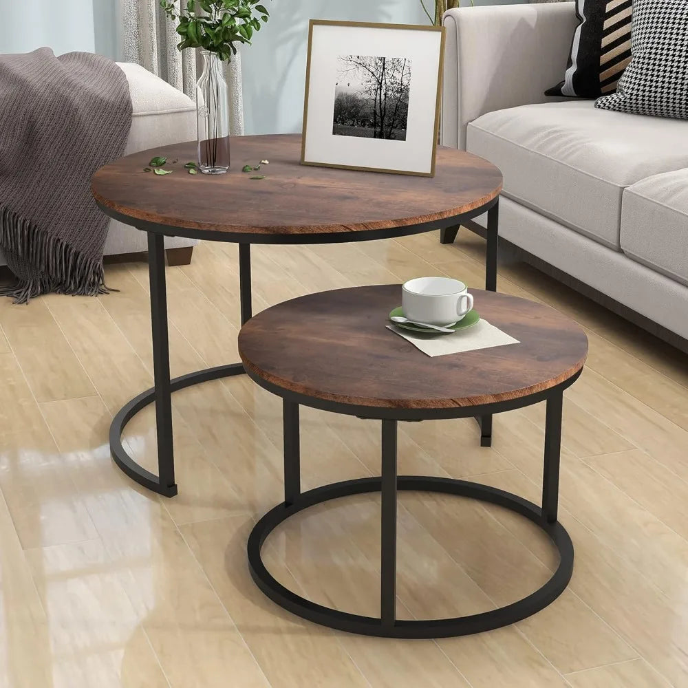 Industrial Round Coffee Table Set of 2 End Table for Living Room,Stacking Side Tables, Sturdy and Easy Assembly,Wood Look Accent
