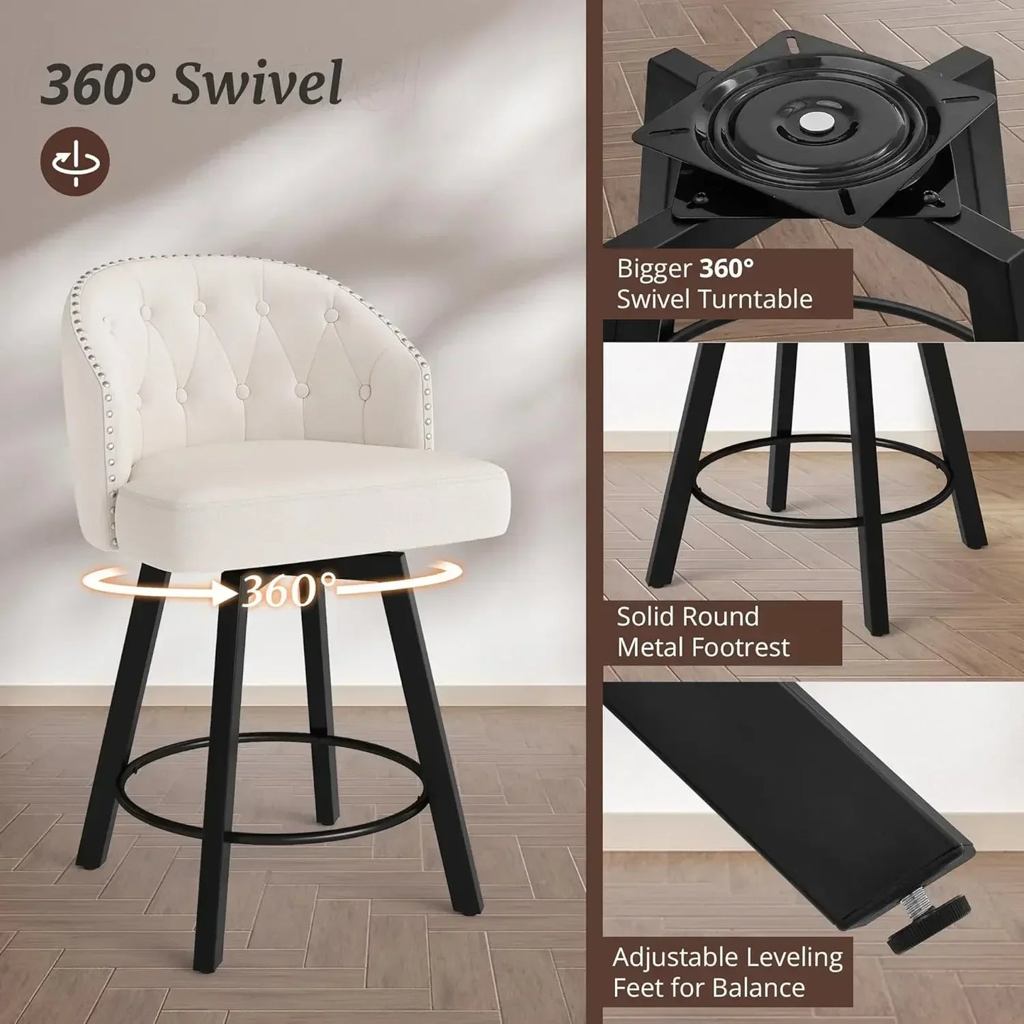 XMSJ.Counter Height Bar Stools Set of 3, 26" Swivel Fabric Upholstered Bar Stools, Retro for Kitchen Island, Dining Room, Pub, B