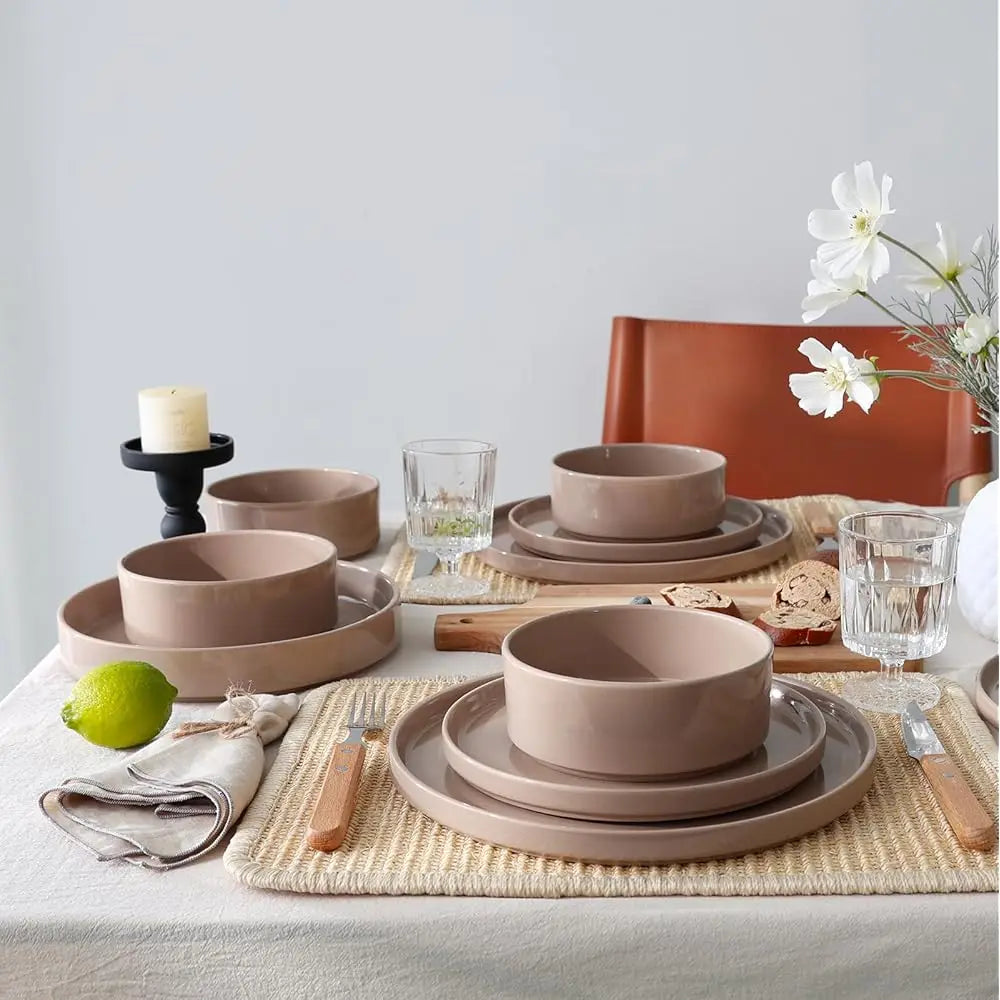 Nebula Plates And Bowls Set, 12 Pieces Dinnerware Sets, Dishes Set For 4, Cinnamon Brown