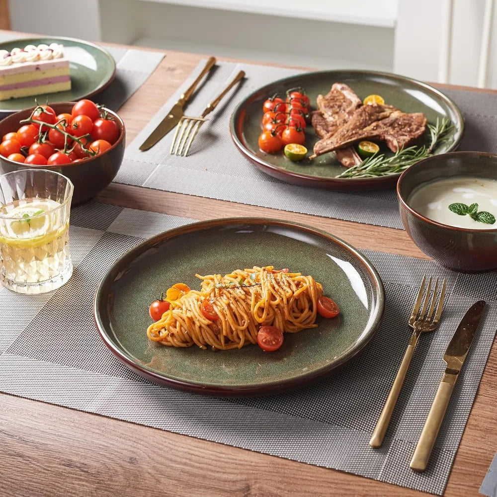 Stoneware Dinnerware Sets Service for 4, 12 pcs Reactive Glaze Plates and Bowls Sets, Handmade Ceramic Dish Set, Highly Chip and