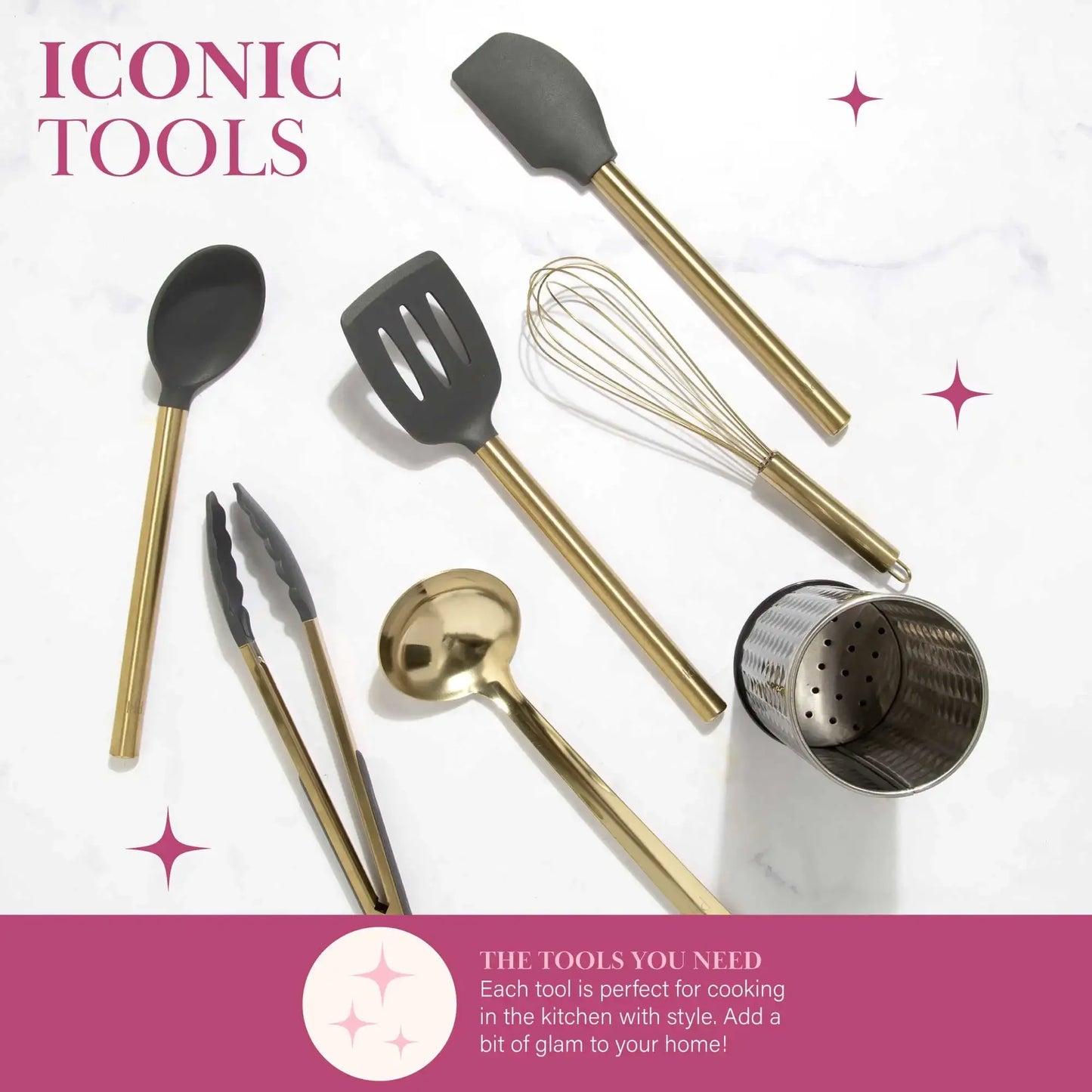 7-Piece Gray Cooking Utensil Set, Stainless Steel with Silicone Head, Non-Scratch Kitchen Tools for Non-Stick Cookware