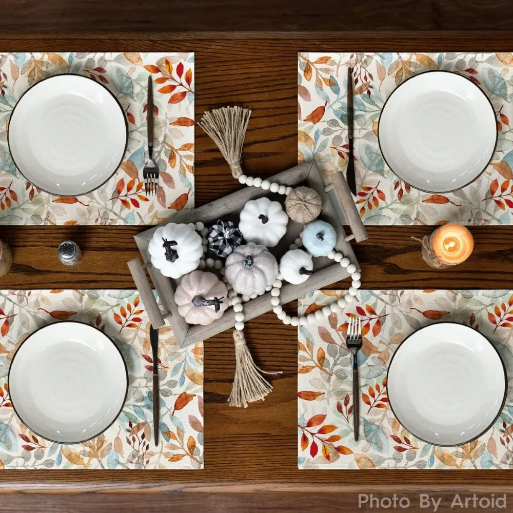 eucalyptus leaves fall placemats set of 4, 12x18 inch seasonal autumn harvest table mats for outdoor home party dining decorati
