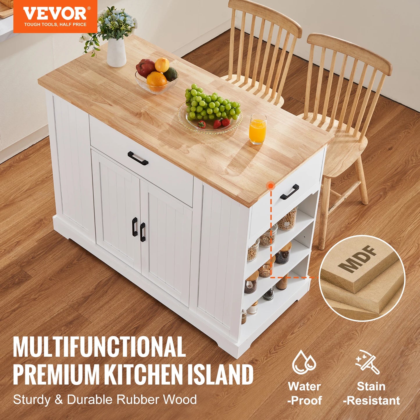 SucceBuy Kitchen Island Cart 46" Wood Top Breakfast Bar with Storage Cabinet Farmhouse Kitchen Table with Shelf Drawer