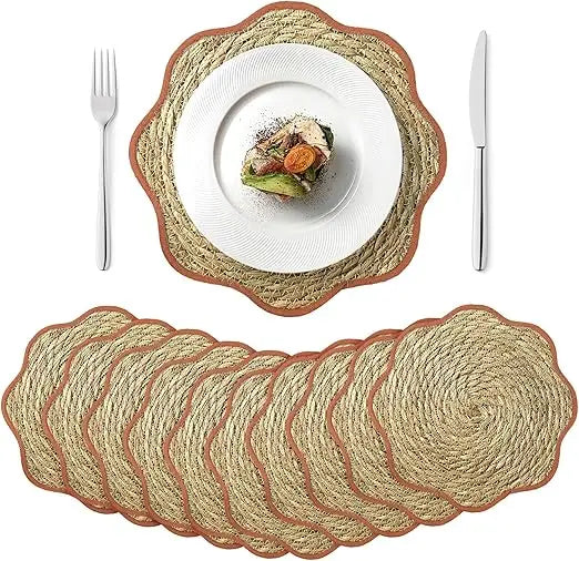 13.8 inch Fall Round Woven Placemats Set of 10 Boho Scalloped Rattan Place Mats Natural Water Hyacinth Flower Shaped Weave Mats
