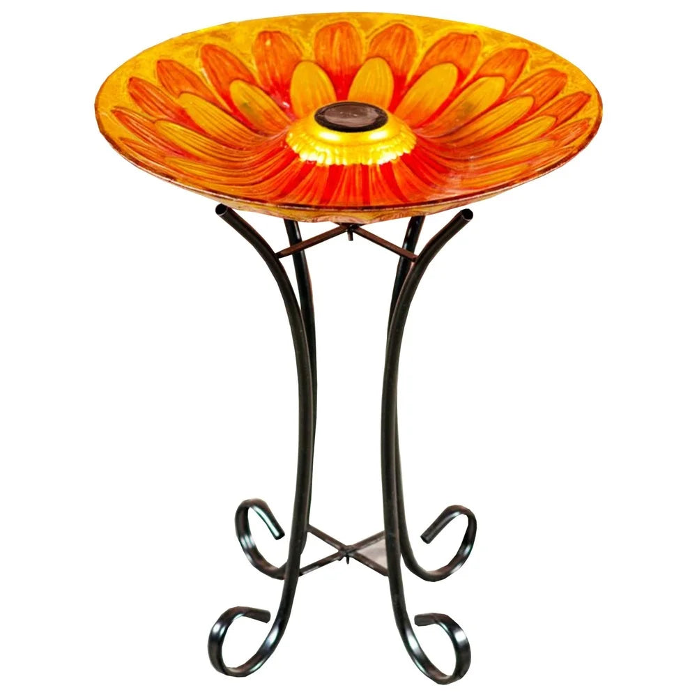 Solar Powered Floral Glass Bird Bath with Stand Eco-Friendly Outdoor Decor Durable Material Attracts Backyard Birds Illuminated