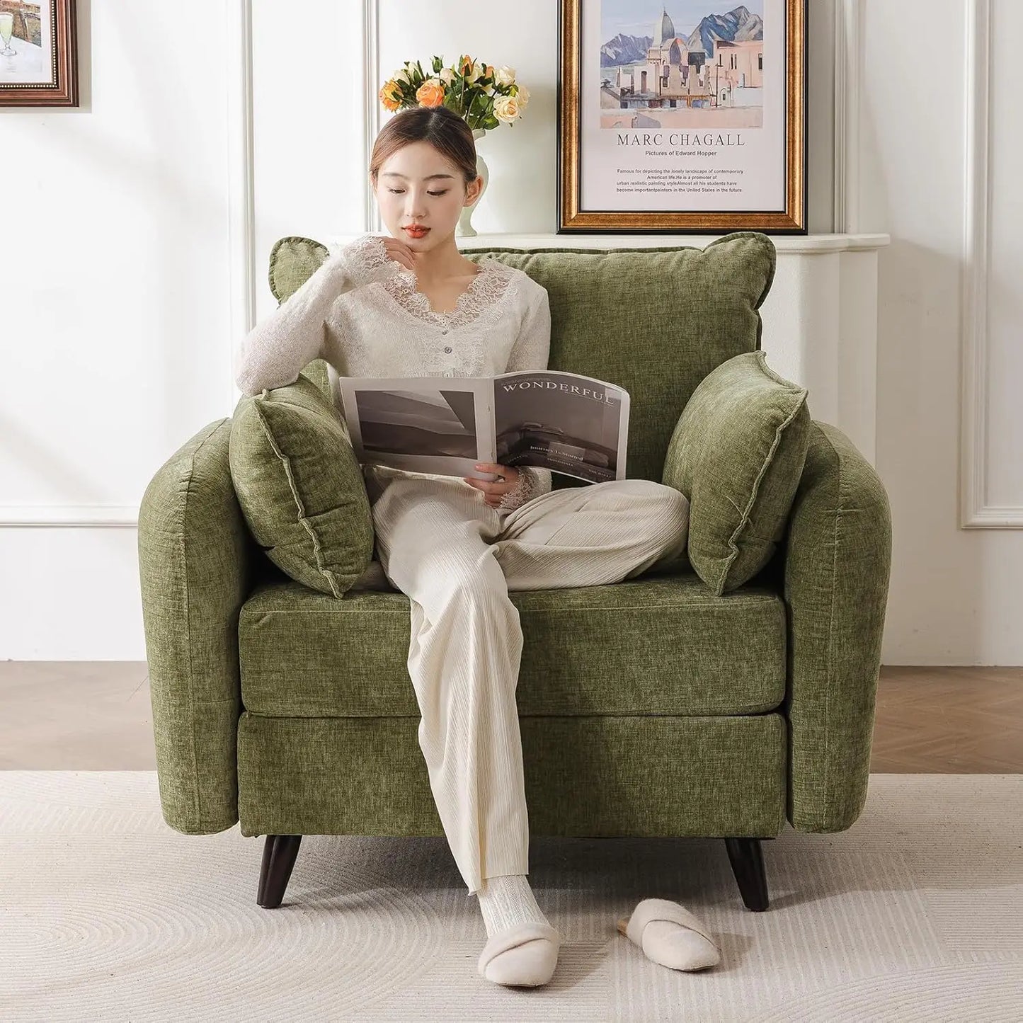 Accent Chair with All Seats Storage,Comfy Living Room Chairs with 2 Throw Pillow,Upholstered Mid-Century Armchair