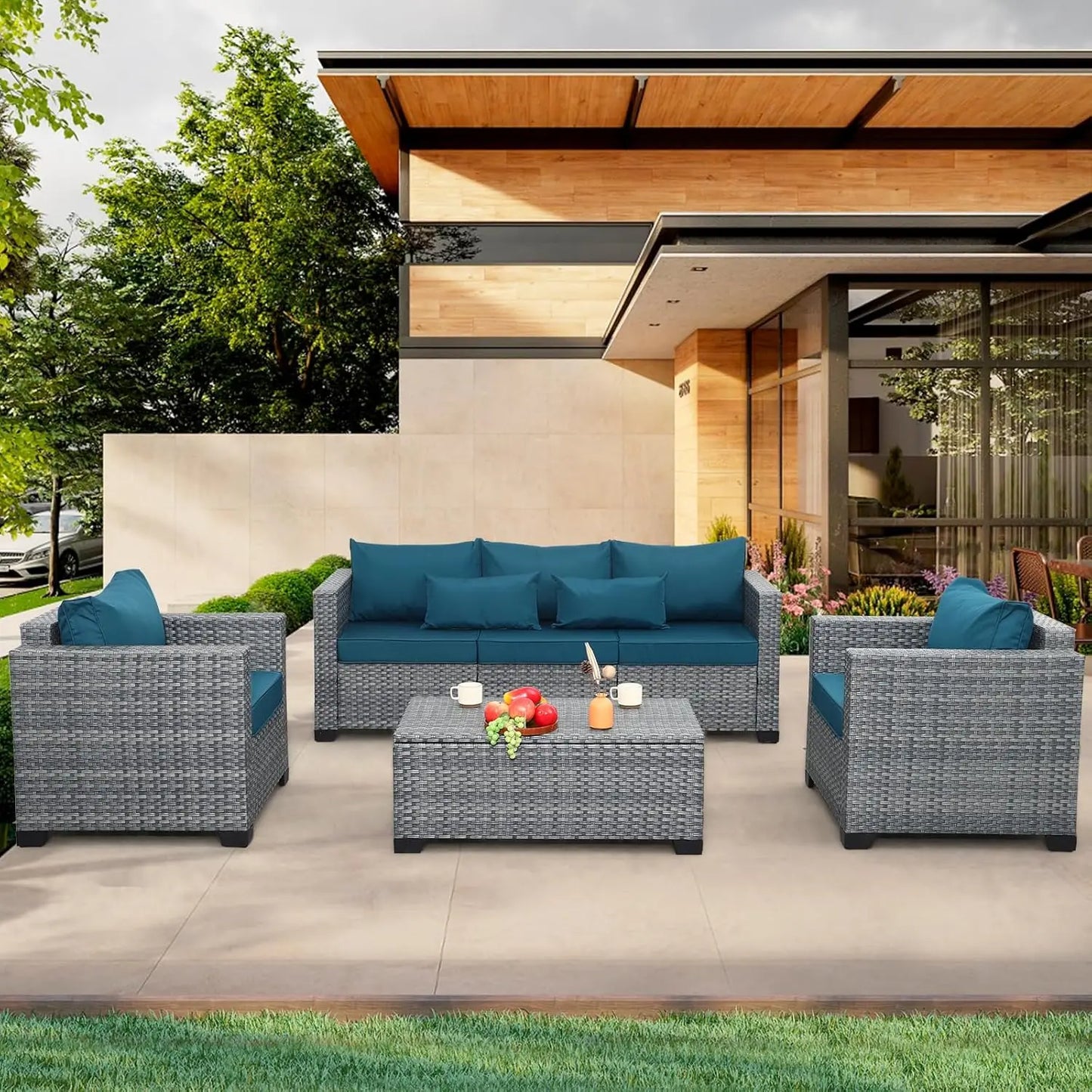 4 Piece Wicker Patio Furniture Sets Outdoor Conversation Set PE Rattan Sectional Sofa Couch with Storage Table and Cushions