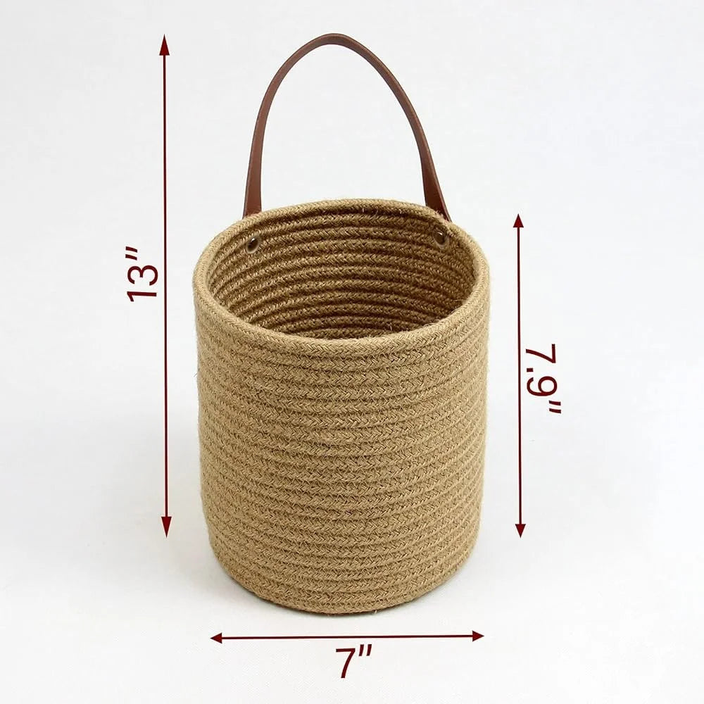 Jute Hanging Basket Set of 2 Small Woven Wall Decor with Handle Plants Storage Key Sunglasses Wallet 7x7x7.9 Inch