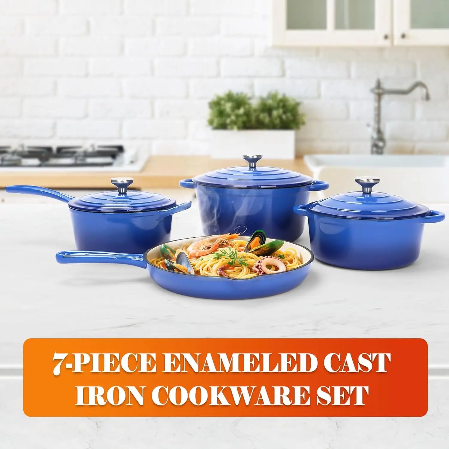 Ceramic Coated Cast Iron Cookware Set, 7-Piece Enameled Dutch Oven and Skillet Set with Lids, Nonstick Pots and Pans Set for Bre