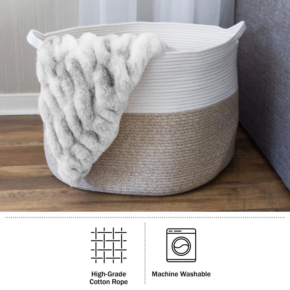 Extra-Large Cotton Rope Storage Basket Laundry Toys Blankets Home Organization Decorative Bins with Handles Machine Washable