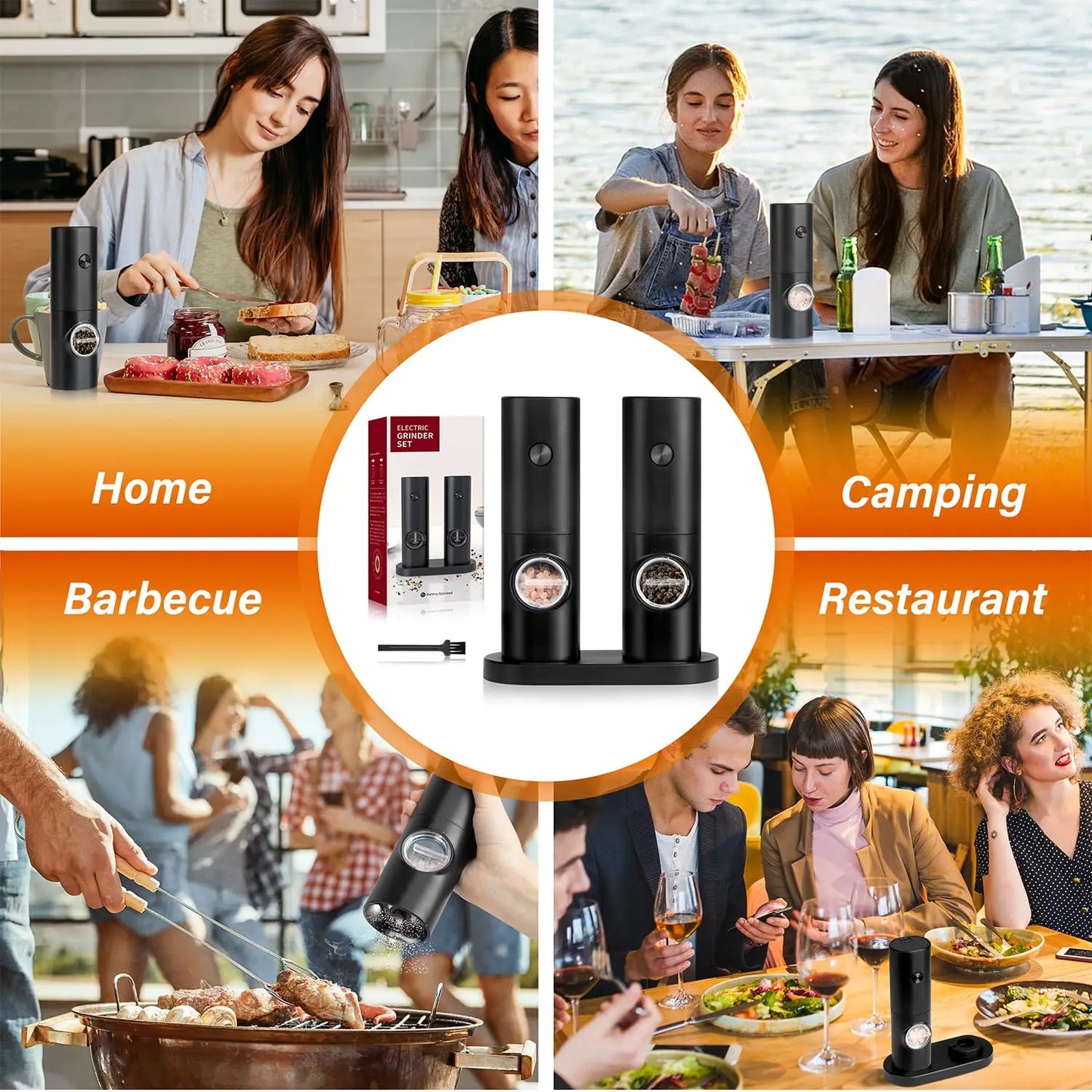 Electric Salt and Pepper Grinder Set, Adjustable Coarseness One Hand Operation, Battery Powered with LED Light and Stand,