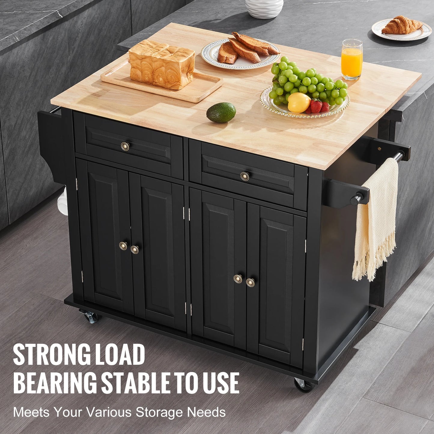 SucceBuy 43" Kitchen Island Cart Wood Top Mobile Carts with Storage Cabinet Rolling Table with Drop Leaf Spice Rack Towel Bar