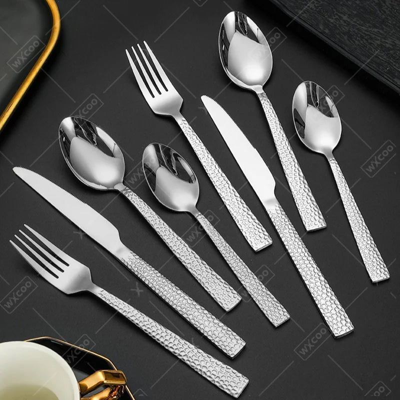 1Set 2Sets 3Sets Stainless Steel Silverware Set Creative Hammered Pattern Tableware Square Handle Flatware Kitchen Cutlery