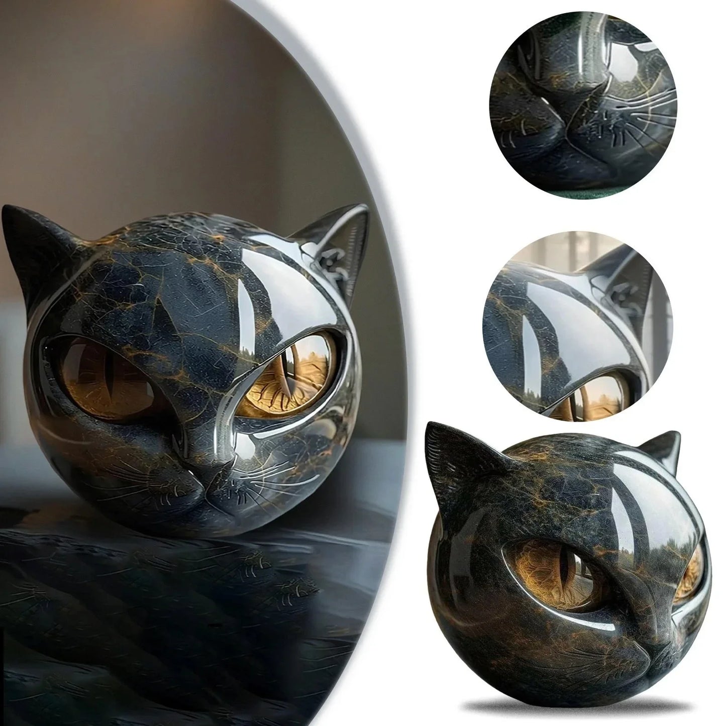 Decorative Black Cat Stone Figurine Resin Cat Head Healing Stone Marble Texture Cat Stone Keepsake Gift Office Desk Cats Decor