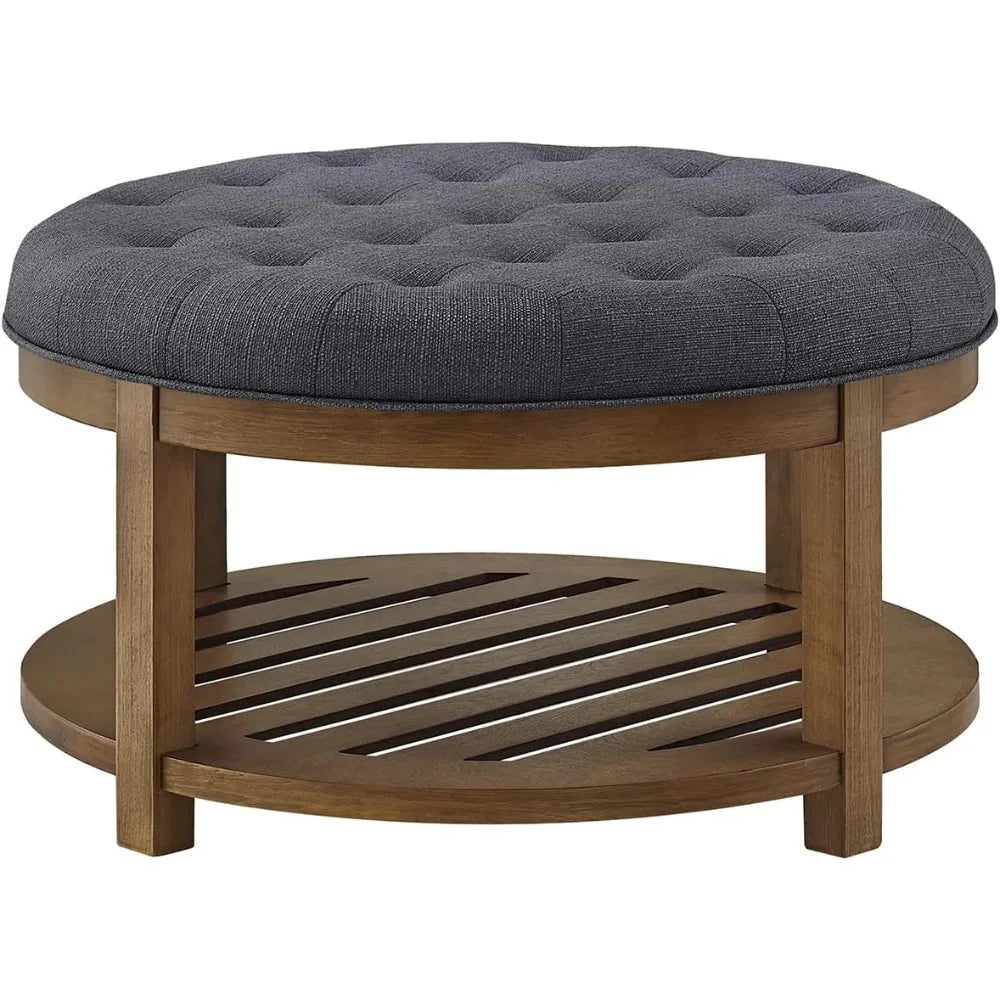 Large Round Upholstered Tufted Linen Ottoman Coffee Table, Large Footrest Ottoman with Wood Shelf Storage-Charcoal