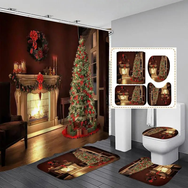 Christmas Shower Curtains Set Waterproof Bathroom Toilet Lid Cover Set Creative Shower Drapes Non-Slip Bath Mat For Home