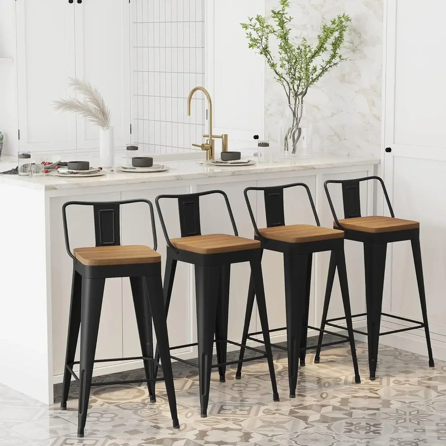 Xmsj.metal Set Of 4 Counter Height Bar Stools stools With Removable Back 26" Kitchen Wooden Seat,