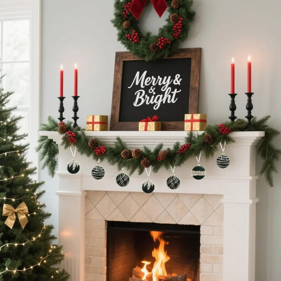 12pcs Velvet Christmas Balls Ornaments Set 2.36 Small Velvet Hanging Ball Green Glitter Christmas Ball Ornaments Flocked Balls