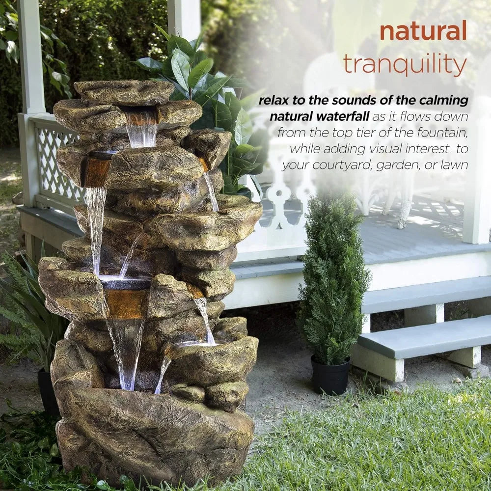 51 inch outdoor 6-story fountain with LED lights and natural stone appearance, suitable for gardens, rock waterfall fountains