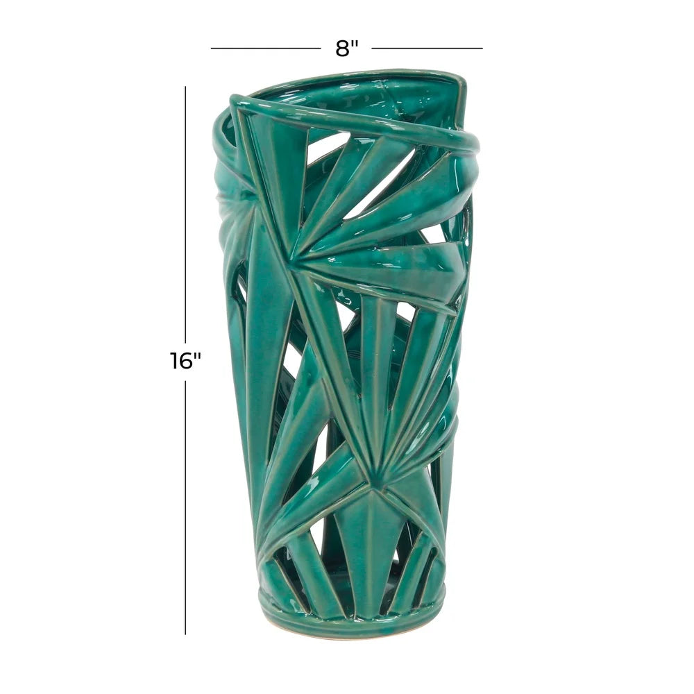 Modern Green Stoneware Vase with Triangular Cut Out Designs Home Decoration Indoor Use Glossy Finish Elegant Accent Piece