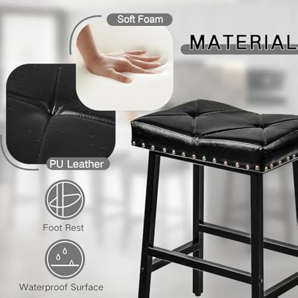 25 inch Counter Height Stools for Kitchen Island, 3.3'' Thick PU Upholstered Saddle Seats, Backless Bar Chairs with Metal Base